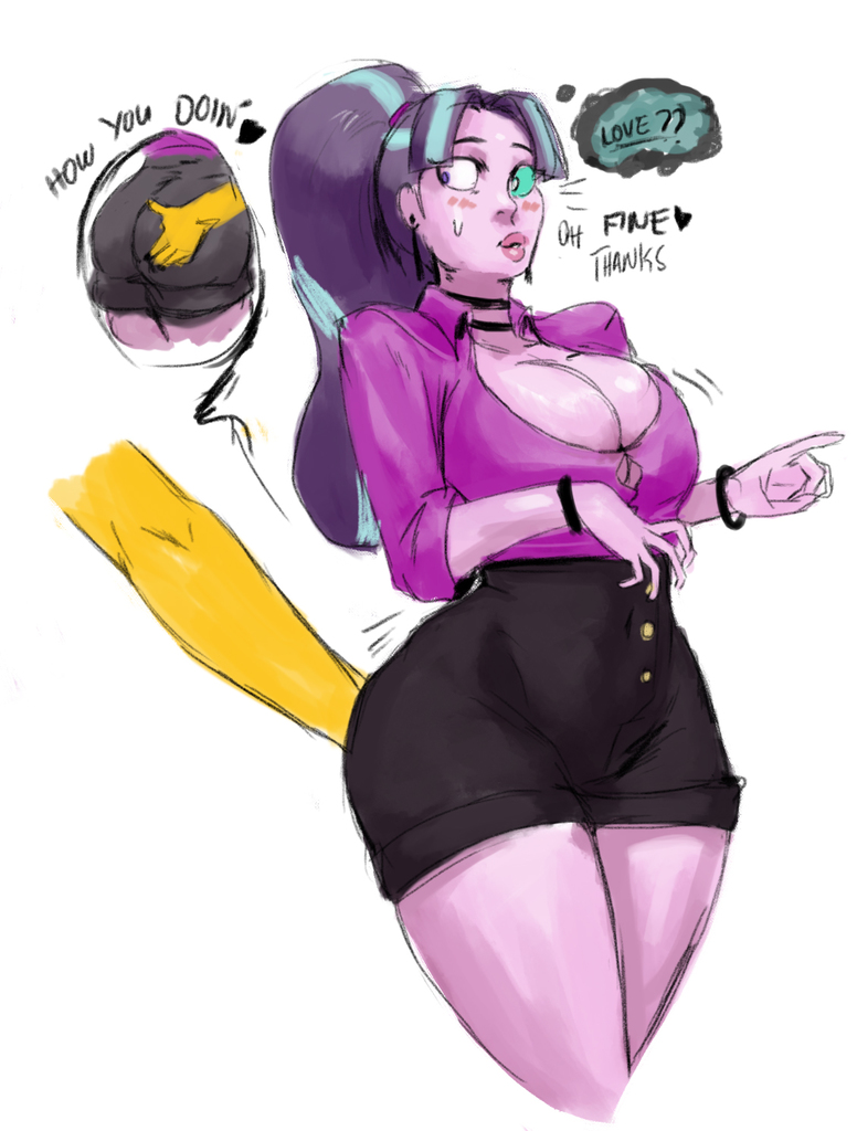 1263829 - suggestive, artist:bimbo sparkles, starlight glimmer, sunburst,  human, g4, big breasts, bimbo, bimbo glimmer, blushing, bracelet, breasts,  busty starlight glimmer, butt grab, choker, cleavage, dialogue, disembodied  arm, disembodied hand, ear ...