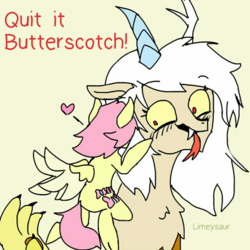 Size: 1080x1080 | Tagged: safe, artist:limeysaur, discord, fluttershy, draconequus, pegasus, pony, g4, butterscotch, eris, floating heart, forked tongue, heart, hug, male, nuzzling, rule 63, ship:discoshy, ship:eriscotch, shipping, straight, tongue out