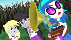 Size: 1920x1090 | Tagged: safe, screencap, derpy hooves, dj pon-3, octavia melody, vinyl scratch, equestria girls, g4, my little pony equestria girls: legend of everfree, phonograph, record player