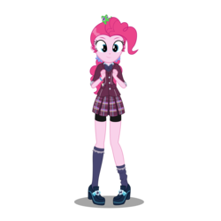 Size: 3072x3072 | Tagged: safe, artist:kmanalli, gummy, pinkie pie, equestria girls, g4, my little pony equestria girls: friendship games, alternate universe, bracelet, clothes, compression shorts, crystal prep academy, crystal prep academy uniform, crystal prep shadowbolts, cute, diapinkes, female, fist, high heels, high res, jewelry, necktie, pleated skirt, ponytail, school uniform, shoes, shorts, simple background, skirt, smiling, socks, solo, transparent background, vector