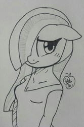 Size: 851x1280 | Tagged: safe, artist:notenoughapples, marble pie, earth pony, anthro, g4, female, floppy ears, inktober, monochrome, solo, traditional art
