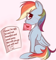 Size: 1274x1352 | Tagged: safe, artist:jonathan the awesome, derpibooru exclusive, rainbow dash, g4, blatant lies, blushing, bronybait, chest fluff, cute, dashabetes, envelope, female, heart eyes, lies, love letter, mouth hold, out of character, self loathing, simple background, solo, wingding eyes, worst pony