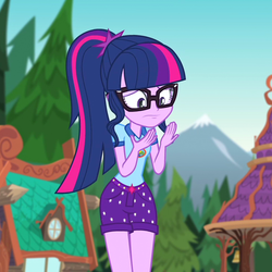 Size: 975x975 | Tagged: safe, screencap, sci-twi, twilight sparkle, equestria girls, g4, my little pony equestria girls: legend of everfree, building, camp everfree, clothes, female, gazebo, glasses, ponytail, scenery, shame, shorts, solo