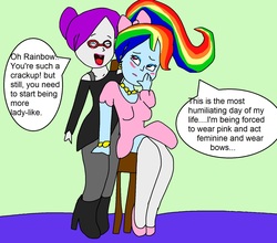 Size: 1635x1441 | Tagged: safe, artist:my little brony friend, rainbow dash, rarity, equestria girls, g4, 1000 hours in ms paint, blushing, female, glasses, looking up, ms paint, rainbow dash always dresses in style, side hug, tomboy taming