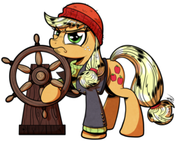 Size: 4122x3308 | Tagged: safe, artist:gray--day, applejack, g4, ppov, beanie, captain jackbeard, clothes, female, freckles, hat, helm, high res, hoof hold, solo, steering wheel