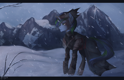 Size: 2000x1300 | Tagged: safe, artist:orfartina, oc, oc only, pony, unicorn, clothes, mountain, snow, snowfall, solo