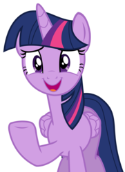 Size: 2069x2850 | Tagged: safe, artist:sketchmcreations, twilight sparkle, alicorn, pony, g4, ppov, female, folded wings, high res, mare, open mouth, raised hoof, simple background, smiling, solo, transparent background, twilight sparkle (alicorn), vector
