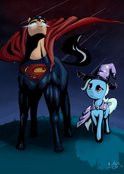 Size: 1000x1400 | Tagged: safe, artist:nivrozs, trixie, pony, unicorn, g4, crossover, female, glowing eyes, male, mare, ponified, rain, superman