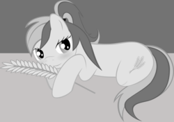 Size: 1201x844 | Tagged: safe, artist:nursey, derpibooru exclusive, oc, oc only, oc:wheatgrass, amputee, author:themastereraser, blushing, enduring strength, grayscale, monochrome, solo