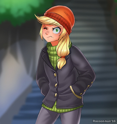 Size: 700x746 | Tagged: safe, artist:racoonsan, applejack, human, g4, ppov, beanie, captain jackbeard, clothes, female, hand in pocket, hat, humanized, one eye closed, pants, silly, silly human, solo, who's a silly human