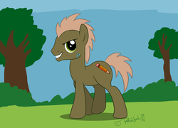 Size: 1300x936 | Tagged: safe, artist:reptilecynrik, oc, oc only, oc:reptilecynrik, earth pony, pony, reptile, cutie mark, looking at you, male, pencil, reichel, signature, smiling, solo, stallion, tree, updated, walking