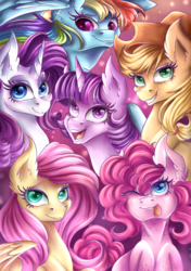 Size: 3541x5016 | Tagged: safe, artist:karmamoonshadow, applejack, fluttershy, pinkie pie, rainbow dash, rarity, twilight sparkle, g4, ear fluff, mane six, one eye closed, open mouth, tongue out, wink