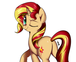 Size: 1600x1300 | Tagged: safe, artist:haden-2375, sunset shimmer, pony, unicorn, g4, bunset shimmer, butt, female, looking at you, looking back, mare, one eye closed, plot, raised hoof, signature, simple background, smiling, solo, white background, wink