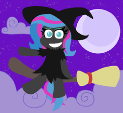 Size: 617x564 | Tagged: safe, artist:threetwotwo32232, oc, oc only, oc:obabscribbler, earth pony, pony, broom, cloud, crescent moon, flying, flying broomstick, halloween, hat, looking at you, moon, night, smiling, solo, stars, witch, witch hat