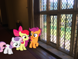 Size: 3264x2448 | Tagged: safe, artist:harvydraws, apple bloom, scootaloo, sweetie belle, g4, cutie mark, cutie mark crusaders, hallway, high res, house, irl, photo, ponies in real life, the cmc's cutie marks, window