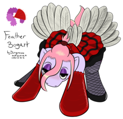 Size: 1600x1556 | Tagged: safe, artist:underwoodart, oc, oc only, oc:feather bogart, blushing, burlesque, clothes, cutie mark, evening gloves, eyeshadow, feather, fishnet stockings, gloves, hairpin, high heels, long gloves, makeup, pink hair, purple coat, purple eyeshadow, shoes, simple background, solo, stockings, transparent background