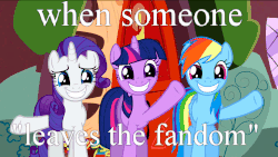 Size: 960x540 | Tagged: safe, rainbow dash, rarity, twilight sparkle, dragon quest, g4, animated, door, female, forced smile, gif, image macro, leaving the fandom, meme, reaction image, smile and wave, smiling, waving