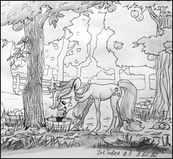 Size: 908x837 | Tagged: safe, artist:natanatfan, applejack, g4, apple, apple tree, basket, female, fence, food, grayscale, inktober, monochrome, mouth hold, solo, traditional art