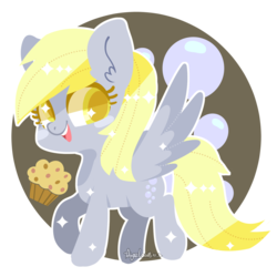Size: 1467x1468 | Tagged: safe, artist:snow angel, derpy hooves, pegasus, pony, g4, bubble, female, food, mare, muffin, open mouth, smiling, solo, spread wings