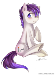 Size: 624x859 | Tagged: safe, artist:meewin, oc, oc only, oc:solly, earth pony, pony, looking back, simple background, sitting, solo