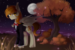 Size: 1023x682 | Tagged: safe, artist:ten-dril, oc, oc only, bat pony, pony, bowtie, clothes, moon, night, solo, suit, tree