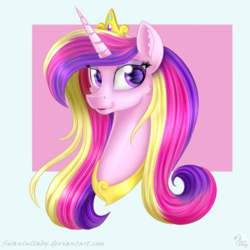 Size: 700x700 | Tagged: safe, artist:swanlullaby, princess cadance, alicorn, pony, g4, bust, female, jewelry, looking at you, portrait, smiling, solo, three quarter view