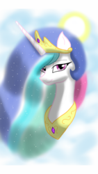 Size: 1200x2133 | Tagged: dead source, safe, artist:theroyalprincesses, princess celestia, alicorn, pony, g4, bust, cloud, female, looking at you, smiling, solo, sun