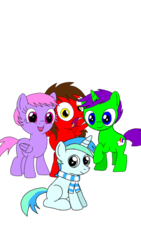 Size: 720x1280 | Tagged: safe, artist:toyminator900, oc, oc only, oc:chip, oc:clever clop, oc:cyan lightning, oc:melody notes, pegasus, pony, unicorn, clothes, open mouth, raised hoof, scarf, screaming, simple background, sitting, smiling, transparent background