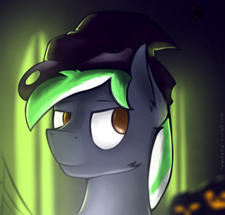 Size: 1009x964 | Tagged: safe, artist:toanderic, oc, oc only, oc:moonlit ace, pony, spider, bust, halloween, hat, jack-o-lantern, male, portrait, solo, spider web, stallion, witch hat