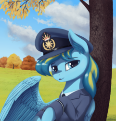 Size: 2300x2389 | Tagged: safe, artist:mrscroup, oc, oc only, oc:bolterdash, pegasus, pony, against tree, clothes, field, grass field, high res, looking at you, scenery, solo, tree, tree carving, under the tree, uniform