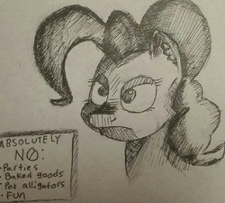 Size: 1280x1151 | Tagged: safe, artist:itsthinking, pinkie pie, g4, angry, bust, female, frown, monochrome, no fun allowed, portrait, sign, sketch, solo, text, traditional art