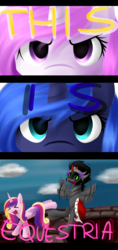 Size: 850x1800 | Tagged: safe, artist:avialexis25, king sombra, princess cadance, princess celestia, princess luna, g4, 300, bucking, comic, eyes closed, flailing, glare, open mouth, smiling, this is sparta, wide eyes