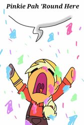 Size: 600x895 | Tagged: safe, artist:animealpha, applejack, g4, confetti, crossover, engiejack, engineer, engineer (tf2), fake spy, female, griefing, solo, team fortress 2