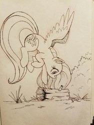 Size: 960x1280 | Tagged: safe, artist:ncmares, fluttershy, g4, cute, female, flying, inktober, looking at something, monochrome, shyabetes, sketch, solo, spread wings, traditional art