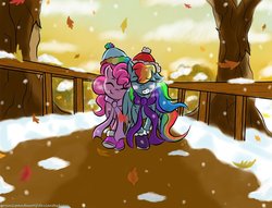 Size: 1024x784 | Tagged: safe, artist:cozmicpandawolf, pinkie pie, rainbow dash, earth pony, pegasus, pony, g4, breath, clothes, eyes closed, female, frost breath, grin, hat, leaves, lesbian, outdoors, scarf, ship:pinkiedash, shipping, smiling, snow, snowfall, winter outfit