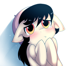 Size: 984x881 | Tagged: safe, artist:meewin, oc, oc only, oc:moon brush, earth pony, pony, beret, blushing, crying, floppy ears, hooves to the chest, pouting, puppy dog eyes, solo, teary eyes