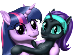 Size: 2000x1500 | Tagged: safe, artist:vasillium, twilight sparkle, oc, oc:nyx, alicorn, pony, g4, adopted offspring, alicorn oc, cute, duo, headband, hug, looking at you, mama twilight, mother and daughter, simple background, transparent background