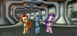 Size: 1587x745 | Tagged: safe, artist:hectorny, starlight glimmer, sunset shimmer, trixie, pony, g4, 3d, corridor, indoors, looking around, thid, twilight's counterparts