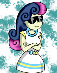 Size: 1024x1329 | Tagged: safe, artist:alligatorgummy, bon bon, sweetie drops, equestria girls, g4, my little pony equestria girls: rainbow rocks, clothes, credits, crossed arms, earpiece, female, shine like rainbows, solo, sunglasses