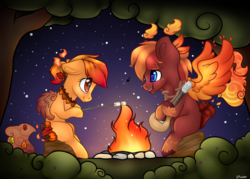 Size: 3000x2149 | Tagged: safe, artist:h-analea, oc, oc only, oc:amber woods, oc:cinder, autumn, campfire, contest entry, food, guitar, high res, male, marshmallow, night, oc x oc, shipping, straight