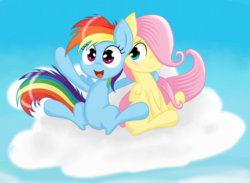 Size: 1925x1406 | Tagged: safe, artist:springveil, fluttershy, rainbow dash, g4, cloud, cute, dashabetes, female, filly, lesbian, ship:flutterdash, shipping, shyabetes