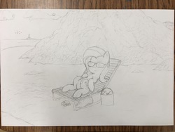 Size: 4032x3024 | Tagged: safe, artist:mranthony2, fluttershy, bird, crab, pony, g4, beach, bucket, female, lighthouse, lying down, monochrome, on back, solo, sunglasses, traditional art