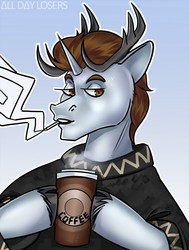 Size: 968x1280 | Tagged: safe, artist:nsfwguardian, oc, oc only, oc:platinum, deer pony, original species, pony, unicorn, bust commission, cigarette, coffee, coffee cup, commission, cup, horns, smoke, smoking, solo, ych result
