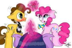 Size: 960x640 | Tagged: safe, artist:gallantserver, cheese sandwich, pinkie pie, twilight sparkle, alicorn, pony, g4, blushing, clothes, glowing horn, hilarious in hindsight, holly, holly mistaken for mistletoe, horn, magic, male, scarf, ship:cheesepie, shipper on deck, shipping, simple background, straight, telekinesis, transparent background, trio, twilight sparkle (alicorn), twilight the shipper