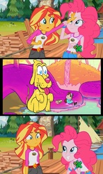 Size: 607x1024 | Tagged: safe, edit, edited screencap, screencap, pinkie pie, sunset shimmer, equestria girls, g4, legend of everfree, discovery kids, gravity falls, mabel pines, male, meme, smile dip, sunset sees things, the inconveniencing