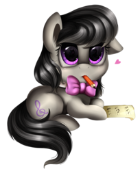 Size: 2174x2661 | Tagged: safe, artist:pridark, octavia melody, g4, cute, female, heart, high res, looking at you, mouth hold, necktie, paper, pencil, pridark is trying to murder us, prone, sheet music, simple background, solo, tavibetes, transparent background