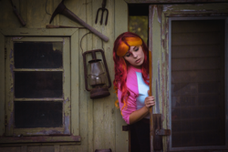 Size: 1024x683 | Tagged: safe, artist:maddymoiselle, photographer:taps, sunset shimmer, human, equestria girls, g4, my little pony equestria girls: legend of everfree, camp everfree, clothes, cosplay, costume, irl, irl human, peeking, photo, solo