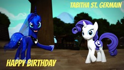 Size: 1920x1080 | Tagged: safe, artist:razethebeast, princess luna, rarity, g4, 3d, duo, happy birthday, source filmmaker, tabitha st. germain