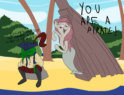 Size: 2000x1544 | Tagged: safe, artist:anontheanon, oc, oc:anon, human, merpony, object pony, original species, boat, boots, clothes, dialogue, figurehead, hat, lazytown, open mouth, pirate, ponified, shirt, singing, sitting, song reference, stubble, tricorne