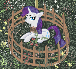 Size: 681x612 | Tagged: safe, artist:pedantia, rarity, pony, unicorn, g4, annoyed, collar, female, fence, fine art parody, floppy ears, frown, glare, grass, looking at you, meadow, prone, rarity is not amused, solo, the hunt of the unicorn, the unicorn in captivity, unamused